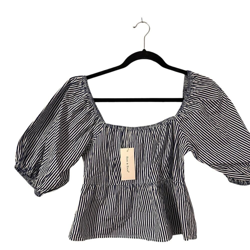 Sim & Sam‎ Navy Blue Striped Smocked Square Neck Puff Sleeve Top Blouse Preppy